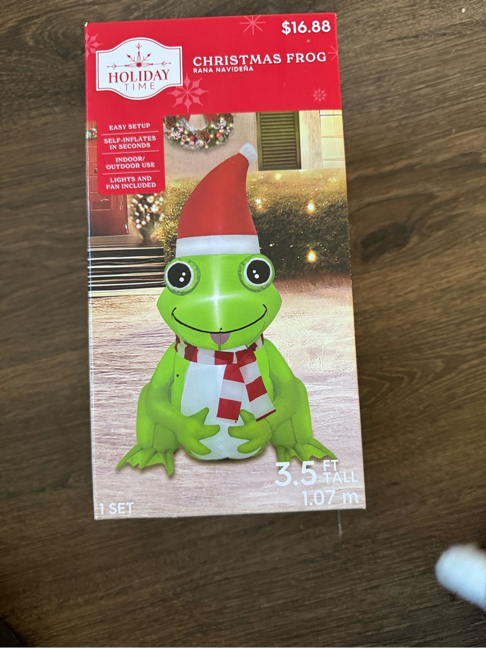 Holiday Time Green Frog Inflatable with Red Santa Hat and Red-White Scarf
